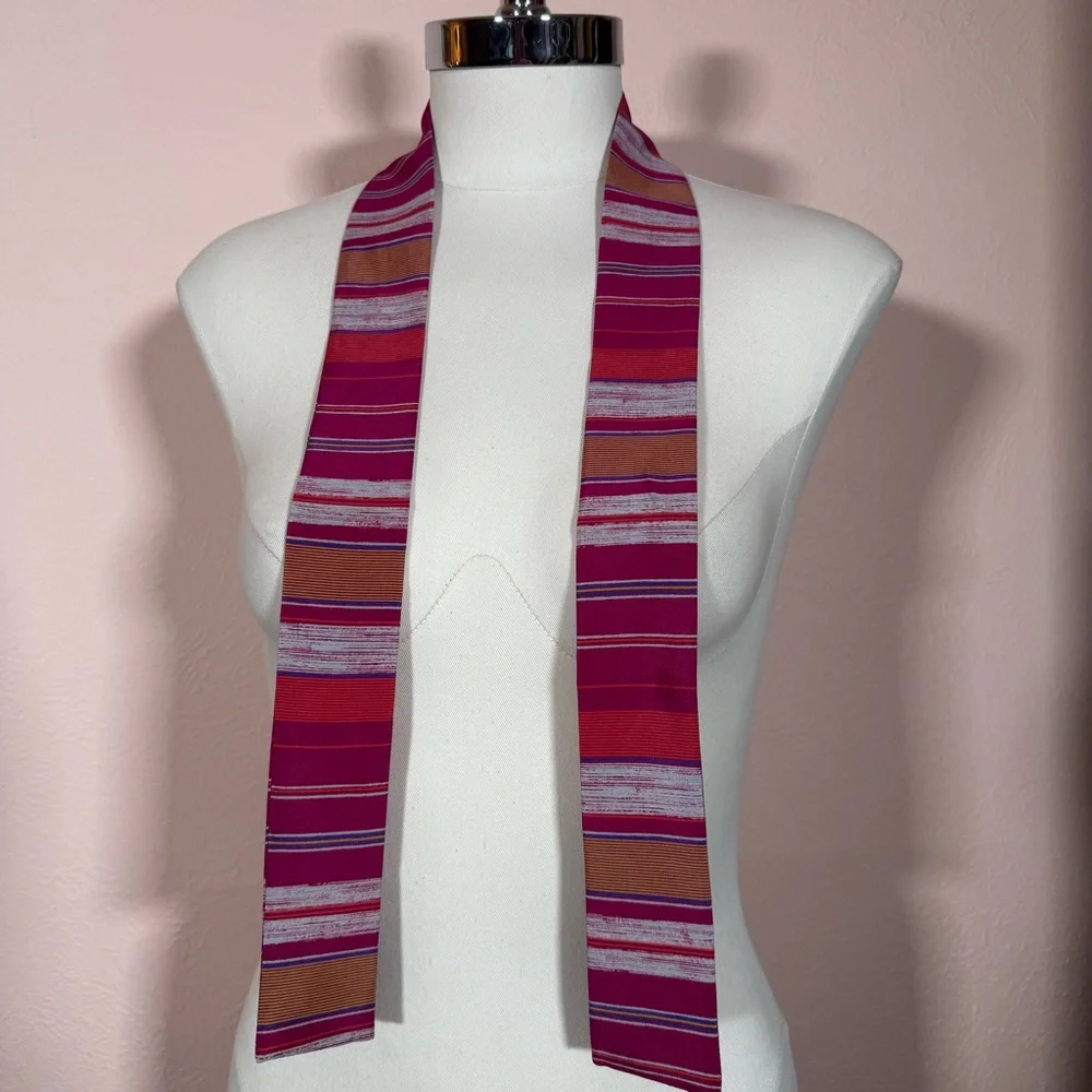 Vintage 1970 80 academia Stripe Magenta Camel Long skinny Bow Neck Scarf Twilly